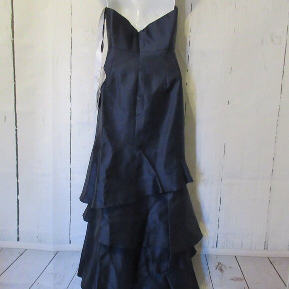 Dessy Collection Vivian Diamond Dress Blue Satin Ruffle Maxi Bridesmaid Prom - Picture 4 of 11